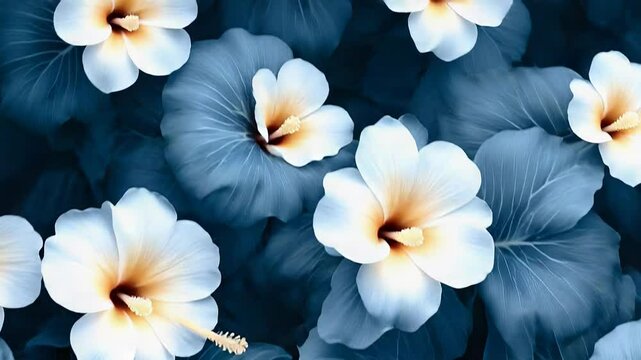 Floral background featuring blue and beige hibiscus flowers creating a seamless pattern