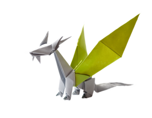 An origami dragon sculpture showcases artistic folding in green and silver, set against a stark background highlighting the intricate details of paper art, transparent background