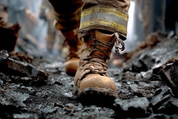 Firefighter navigating through debris in a smoky environment, showcasing resilience and bravery