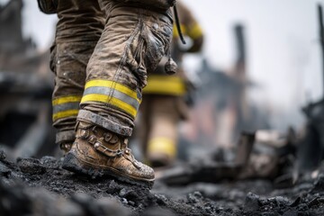 Firefighters in worn gear navigating through ashes and debris after a devastating blaze