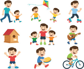 A cartoon illustration depicting a father and son engaging in various activities and hobbies together