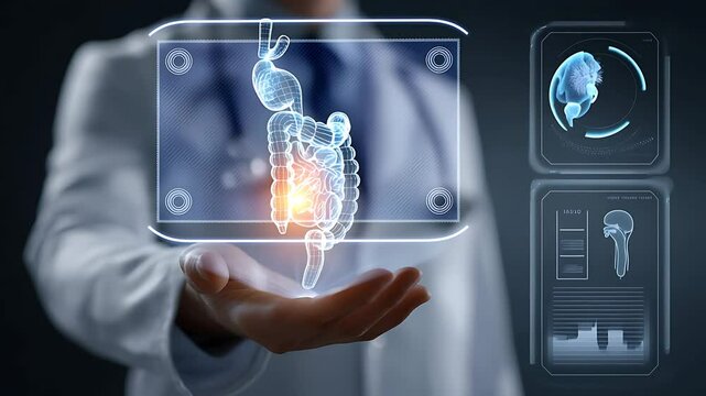 Doctor Holding Holographic Digestive System Model