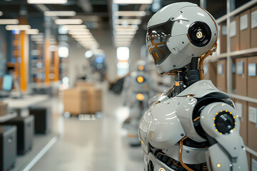 未来型ロボットが倉庫内で作業状況を監視する近未来の風景