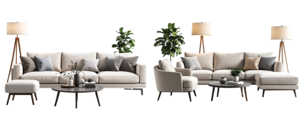 Minimalist Modern Living Room Furniture Set in 3D Rendering, isolated on transparent background PNG
