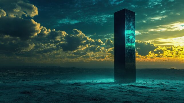 glowing AI monolith standing in a deserted digital desert