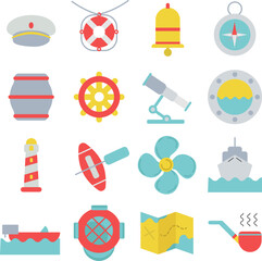 Sailor illustration set. Includes of navy, ship, ocean, anchor, uniform, and More. Vector flat color collection