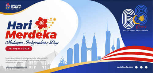 Happy 68 years Malaysia Hari Merdeka Independence Day 2025 greeting banner template with 68 logo, Kuala Lumpur skyline and national motto Malaysia Madani text. Malaysia national pride background