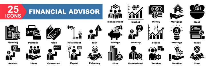 financial advisor icon collection set.Management,Market,Money,Mortgage,Retirement,Planning,Portfolio.Flat icon collection.