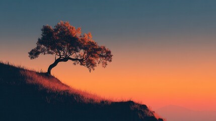 Solitary Tree on Hill Against Dramatic Sunset Sky with Color Gradient
