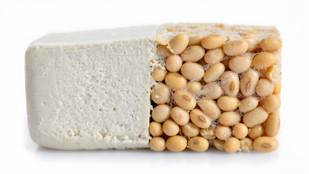 Half-cut block of tempeh showing cross-section of fermented soybeans, placed on clean white background