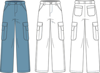 Cargo pants flat sketch, fashion technical drawing, front and back view, unisex streetwear, casual pants design template for apparel illustration