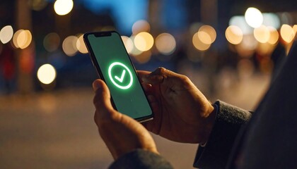 Person holding phone with checkmark