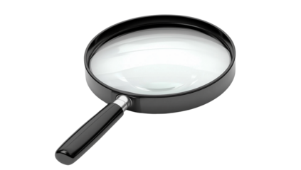 A black handled magnifying glass with a large lens isolated on a transparent background