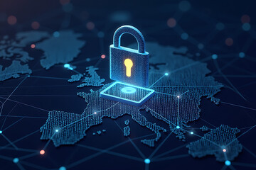 Glowing Digital Padlock Over World Map &ndash; Global Cybersecurity Concept

