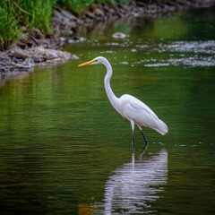 graceful white egret wading in a river on feathers serene water reflections