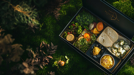 luxury organic food box on dark green mossy grass, top-down shot, elegant branding with gold accents, moody natural lighting.