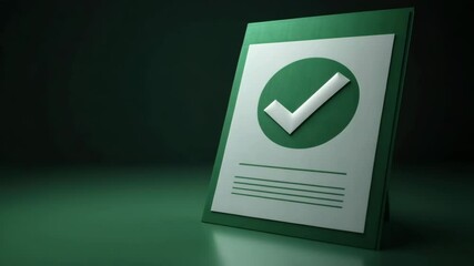 Approved checklist concept with check mark symbol on green background representing success, completion, verification, and approval in minimalistic style with document and positive feedback validation