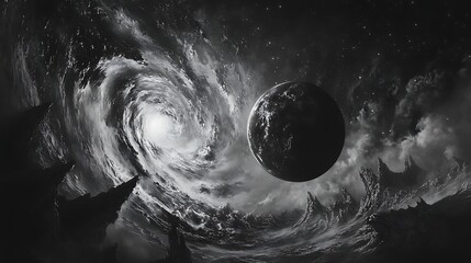 Cosmic sphere amidst swirling nebula black and white illustration