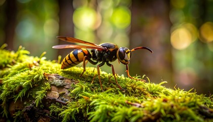Hornet rests on a mossy branch, forest