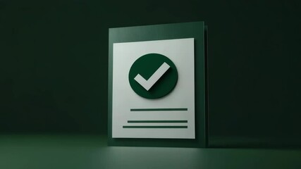 Confirmation document with checkmark icon symbolizing approval and verification, approved checklist concept paper with green minimalistic design, success symbol dark background with soft lighting