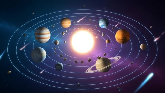 3D visualization of the solar system with orbiting planets and glowing sun at center. Educational astronomy design
