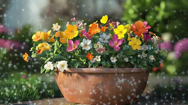 Colorful pansies growing in a terracotta pot in a sunny garden