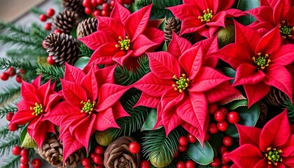 Vibrant poinsettias, pine cones, and berries in a festive arrangement,  image,  holiday background