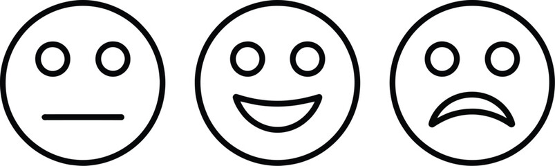 Fototapeta premium Three simple line drawing emoticons depicting neutral happy and sad expressions in black and white