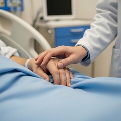 Doctor holding female patient hand on the hospital bed.