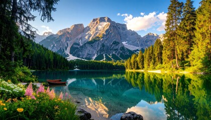 Fototapeta premium Serene alpine lake nestled amidst towering peaks, reflecting a vibrant sky.