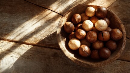 Obraz premium Assorted hazelnuts in a round wooden bowl placed on a rustic wooden surface with sunlight casting shadows