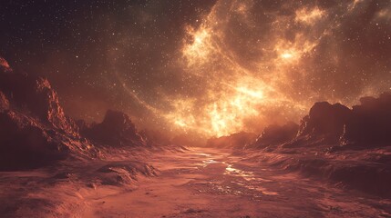 Cosmic vista of a nebula and rocky landscape