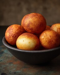 Golden, crispy cheese balls piled in a dark bowl, set against a textured background