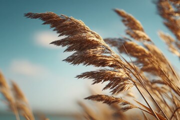 Golden grasses sway gently in the breeze against a clear blue sky, capturing a serene landscape