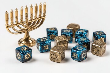 Golden menorah surrounded by blue and gold dreidels on a white background, symbolizing celebration