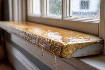 Golden wooden windowsill with rainwater droplets cascading down, creating a serene atmosphere indoors