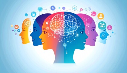 Abstract illustration depicting multiple human profiles with exposed brains and interconnected neural networks, set against a light blue background.