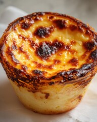 Golden-brown baked custard dessert in a rustic setting with soft lighting and textures