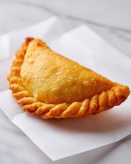 Golden-brown empanada resting on white parchment paper with a blurred marble background