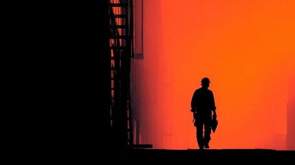 Fototapeta premium Silhouette of Worker Walking Through Industrial Area at Sunset