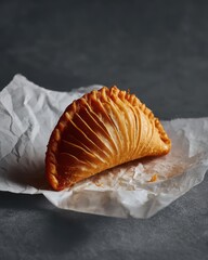 Golden-brown pastry resting on crumpled parchment, showcasing its flaky texture and deliciousness