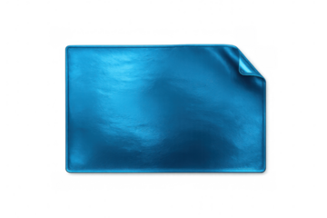 Metallic blue rectangular sticker featuring folded corner, offering clean design space against transparent backdrop