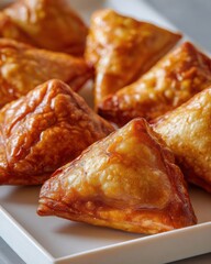 Golden-brown samosas arranged neatly on a white plate, showcasing a delicious snack for sharing