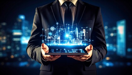 Businessman holding tablet with digital city model