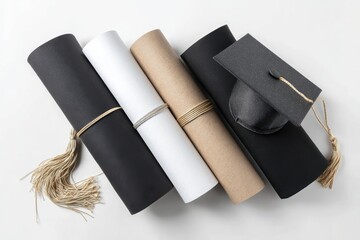 Graduation caps and rolled diplomas arranged artistically on a neutral background