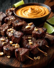 Grilled beef skewers served with creamy peanut sauce and lime wedges on a rustic wooden board