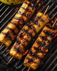 Grilled bananas on skewers sizzling on a barbecue grill with flames in the background