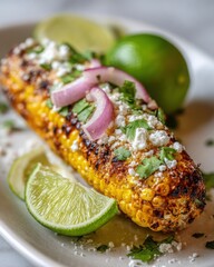 Grilled corn on the cob topped with cheese, onions, and cilantro, served with lime wedges