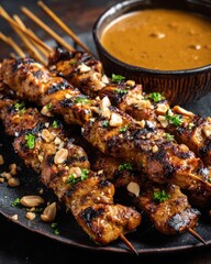 Grilled chicken skewers garnished with peanuts served alongside a rich dipping sauce