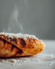 Grilled corn on the cob topped with cheese, smoke rising, rustic kitchen setting